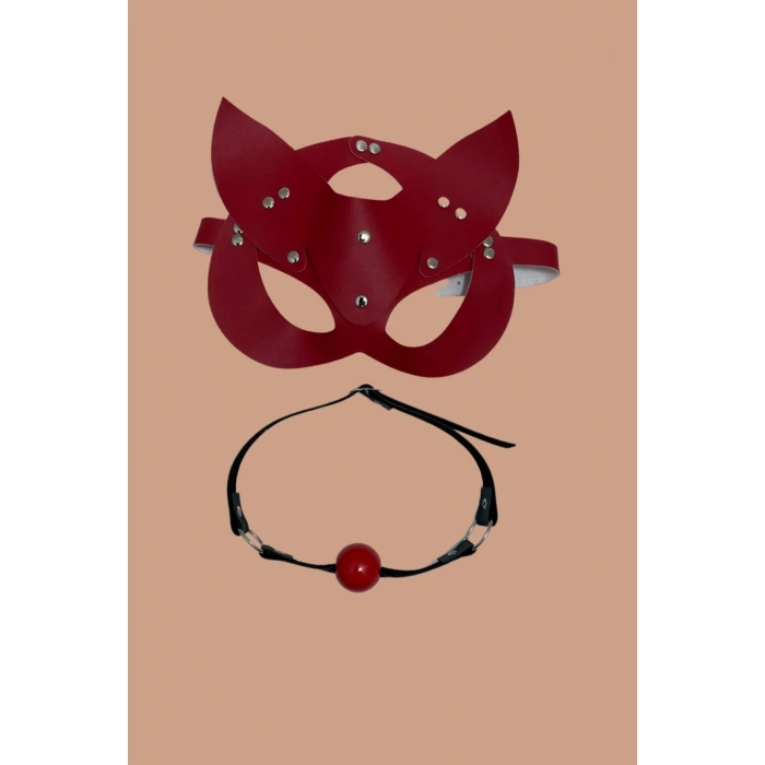 Kırmızı Deri Maske Ve Ağız Topu Harness Aksesuar