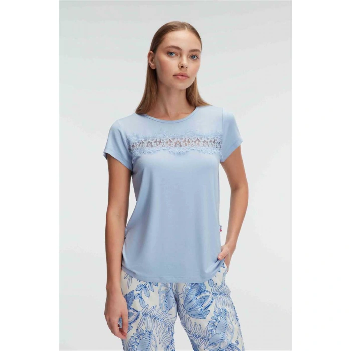 Kısa Kol Bisiklet Yaka Kadın Viskon Çiçek Desenli Yazlık Örme Dantel Detaylı Pijama Takımı