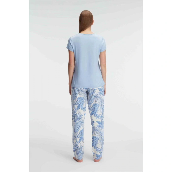 Kısa Kol Bisiklet Yaka Kadın Viskon Çiçek Desenli Yazlık Örme Dantel Detaylı Pijama Takımı