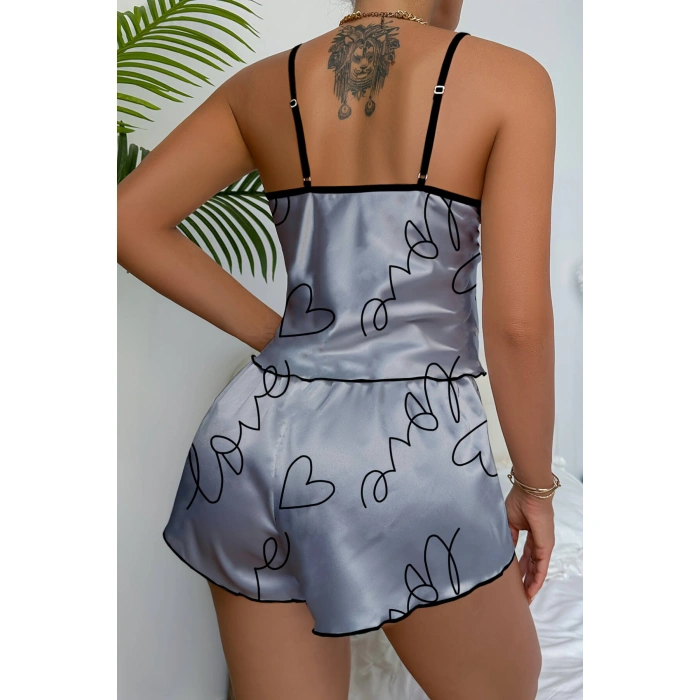 Love Baskılı Gri Saten lu Gecelik Takım