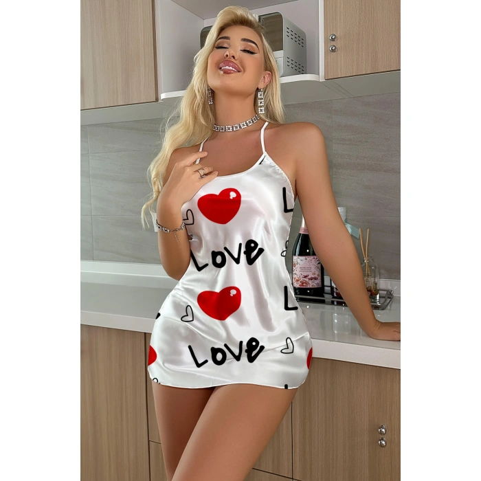 Love Desenli Beyaz Saten Gecelik