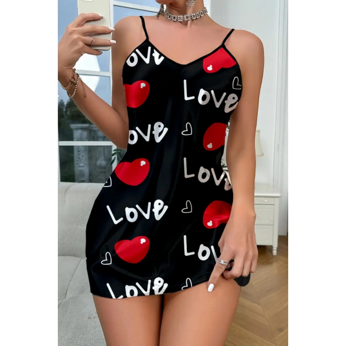 Love Desenli Saten Gecelik