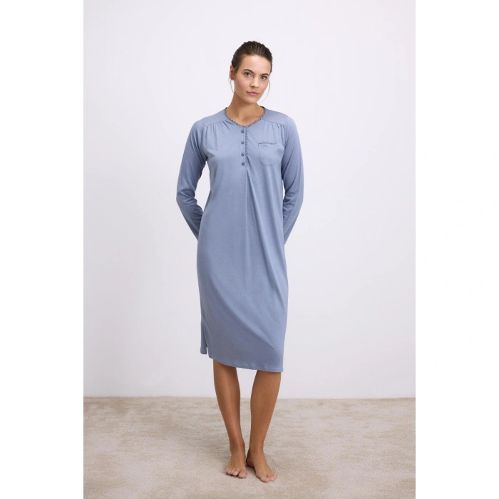 Modal Uzun Kollu Düğmeli Gecelik