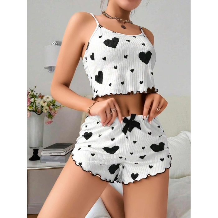 Pamuklu Beyaz Üstüne Siyah Kalp Desen Fitilli Askılı lu Pijama Takımı