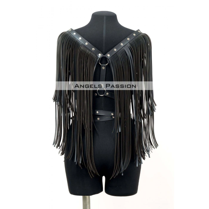 Püskül Detaylı Deri Göğüs Harness, Deri Harness Püsküllü Ceket - Brf999