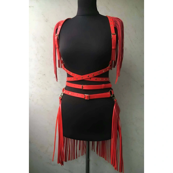 Püskül Detaylı Şık Kırmızı Deri Etek - Ceket Takım, Deri Etek Ve Ceket Takım - Brf1005