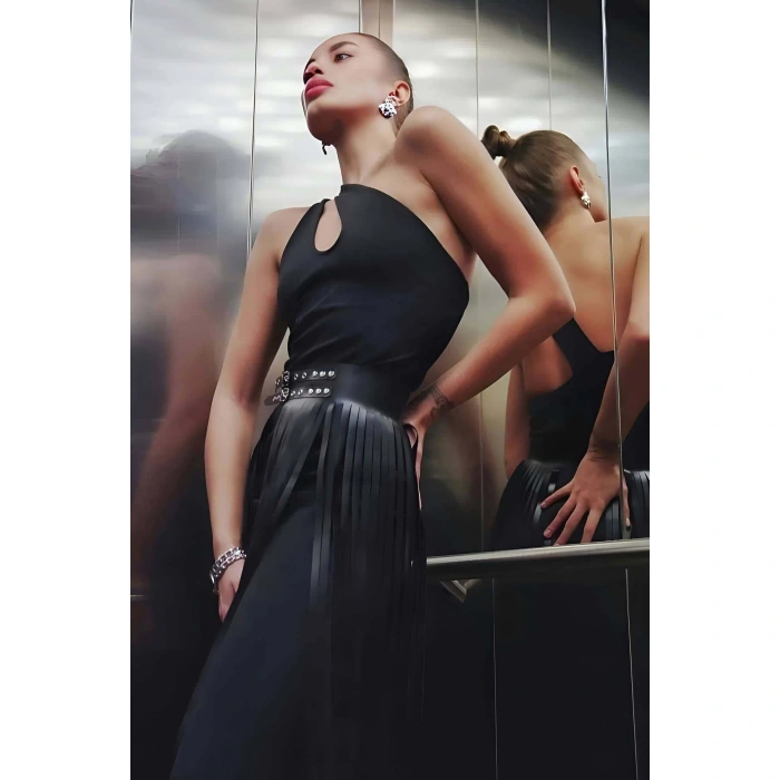 Püsküllü Deri Etek, Şık Deri Etek, Uzun Deri Etek, Siyah Deri Etek - Brf637