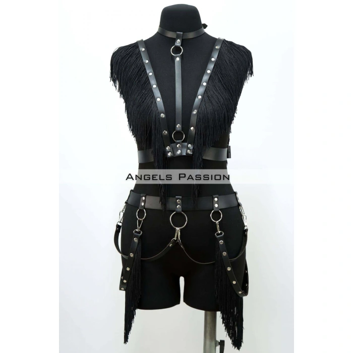 Püslüllü Deri Harness Takım, Püsküllü Elbise Aksesuarı - Brf768