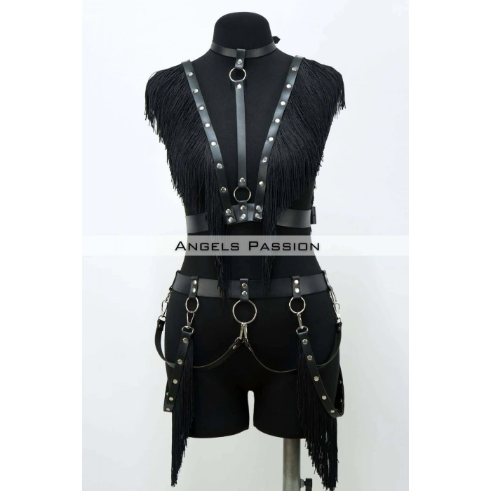 Püslüllü Deri Harness Takım, Püsküllü Elbise Aksesuarı - Brf768