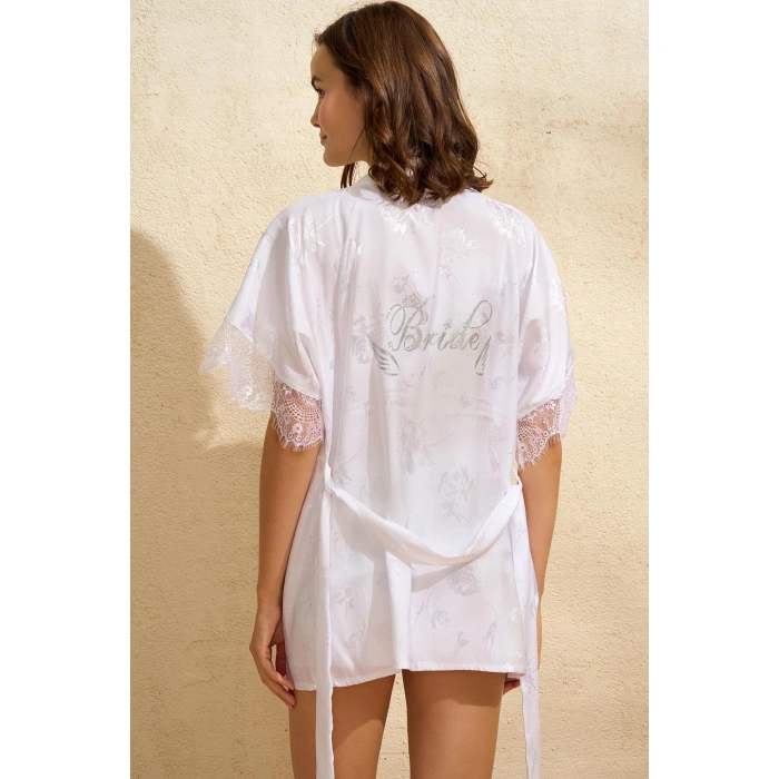 Saten Bride Baskılı Dantelli Sabahlık Balensiz Desteksiz Dolgusuz Bralet Sütyen Ve Şort 3lü Takım