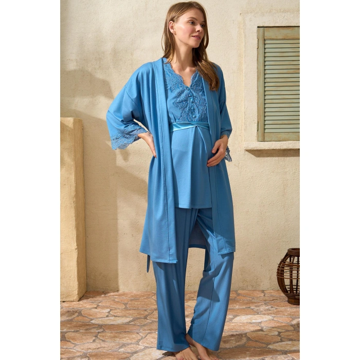 Sıfır Kol V Yaka Kadın Viskon Düz Yazlık Uzun Dantel Detaylı Hamile Pijama Takımı Sabahlık