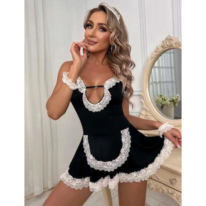 Siyah Beyaz Aksesuarlı Dantelli Fantezi Hizmetçi Kostümü