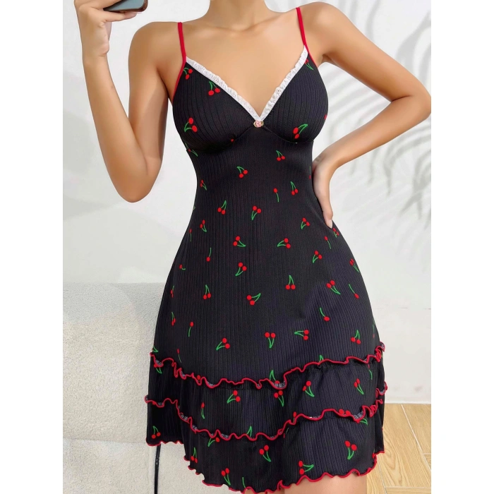 Siyah Kiraz Baskılı  Akılı Gecelik 5110