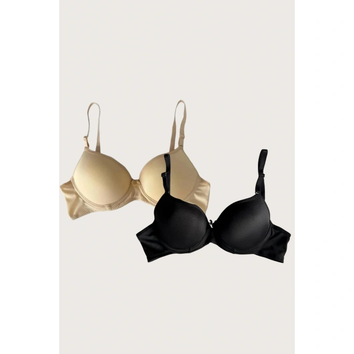 Siyah-ten 2li Mikro Kumaş Push Up Dolgulu Balenli Günlük Destekli Sütyen