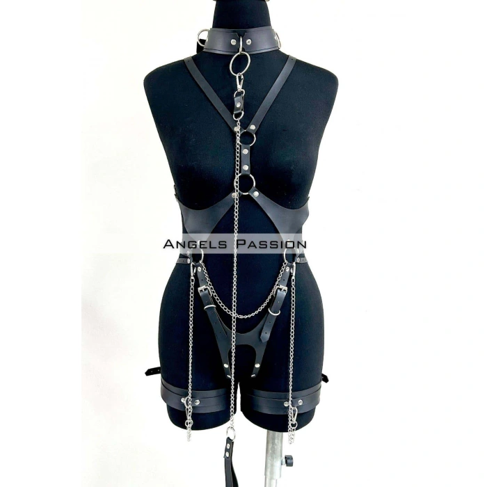 Tasma Ve Zincir Detaylı Şık Deri Harness, Deri Fantezi Giyim- Brf1225