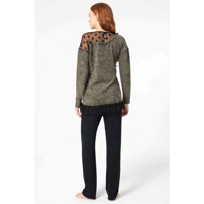 Uzun Kol Bisiklet Yaka Polyester Elastan Düz Kışlık Örme Normal Bel Transparan Tül Detaylı Pijama Takımı