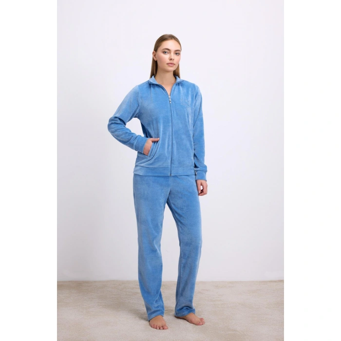 Uzun Kollu Fermuarlı Kadife Sweatshirt Ve Pantolon Pijama Takımı