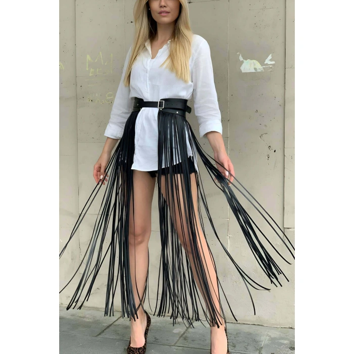 Yüksek Bel Şık Deri Püsküllü Seksi Etek - Brf1003