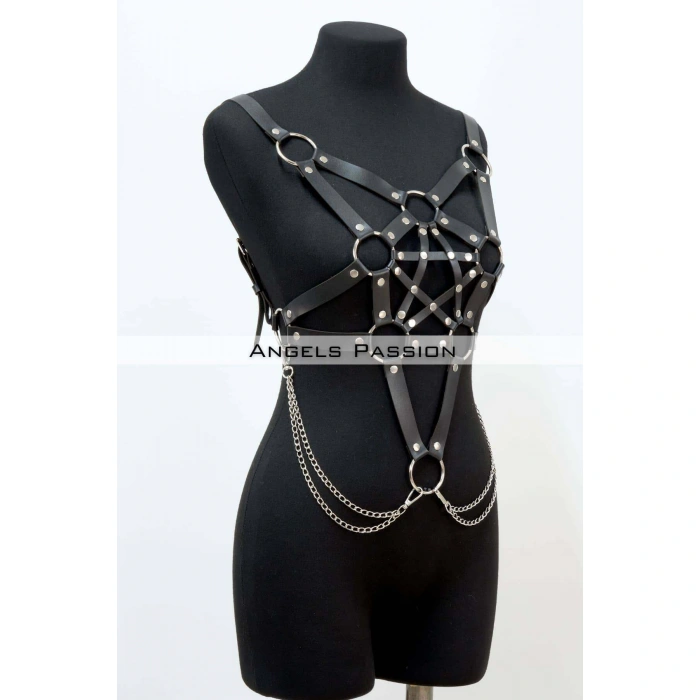 Zincir Detaylı Şık Deri Göğüs Harness, Büstiyer Harness, Deri Göğüs Harness- Brf1399