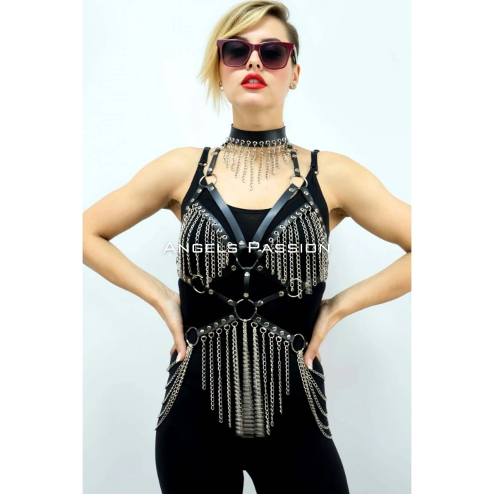 Zincirli Deri Harness, Deri Dansçı Kostüm, Choker Detaylı Deri Harness - Brf1397