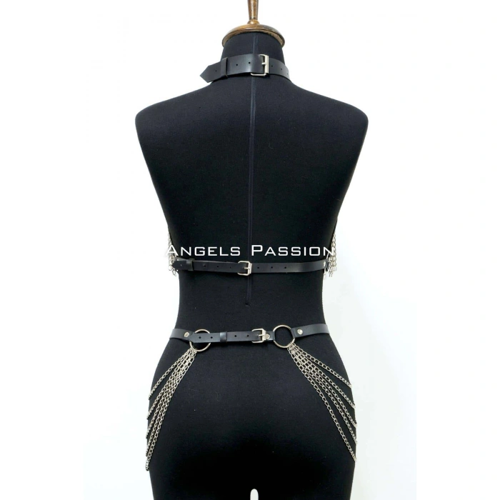 Zincirli Deri Harness, Deri Dansçı Kostüm, Choker Detaylı Deri Harness - Brf1397