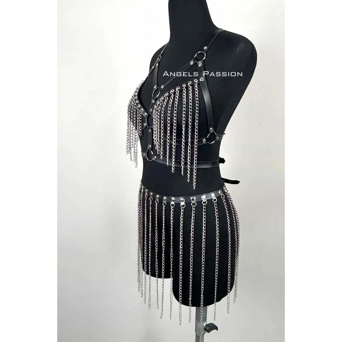 Zincirli Harness Takım, Deri Zincirli Etek Takım - Brf496