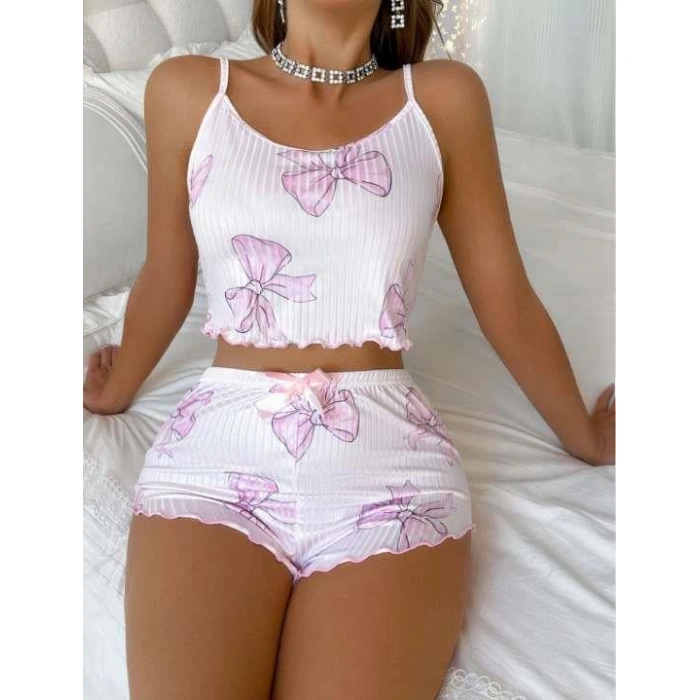 Beyaz Üstüne Kurdela Desenli Fitilli Askılı Şortlu Pijama Takımı