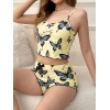Kadın Sarı Kelebek Desenli Askılı Şortlu Ribana Pijama Takımı,rahat Ve Şık Ev Giyim,kadın Pijama