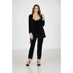 Siyah Kadife Sabahlık & Gecelik Takım 3 Lü - 1441