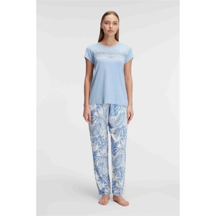 HERŞEYTREND Kısa Kol Bisiklet Yaka Kadın Viskon Çiçek Desenli Yazlık ÖRME Dantel Detaylı Pijama Tak