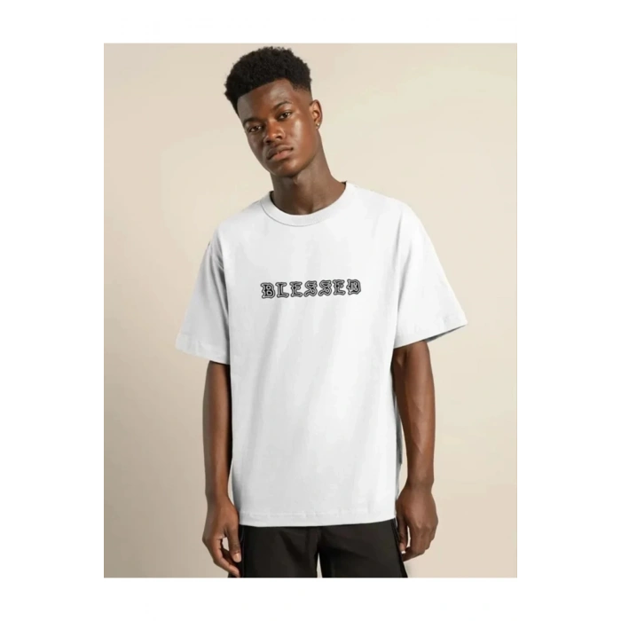 Unisex Bisiklet Yaka Oversize Baskılı T-Shirt - Beyaz