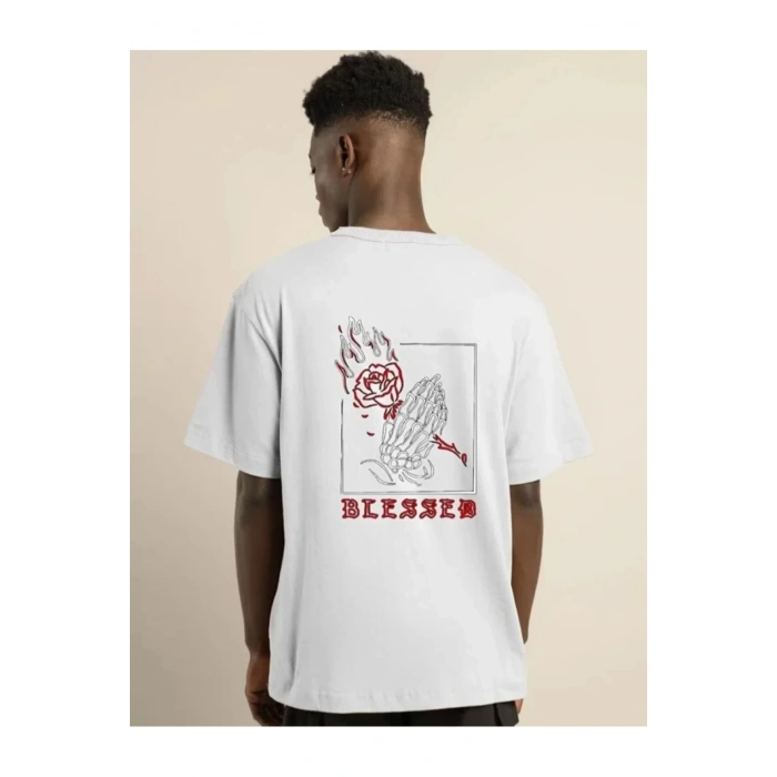 Unisex Bisiklet Yaka Oversize Baskılı T-Shirt - Beyaz