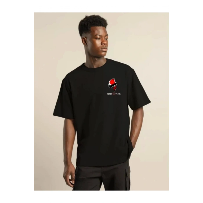 Unisex Bisiklet Yaka Baskılı Oversize T-Shirt - Siyah
