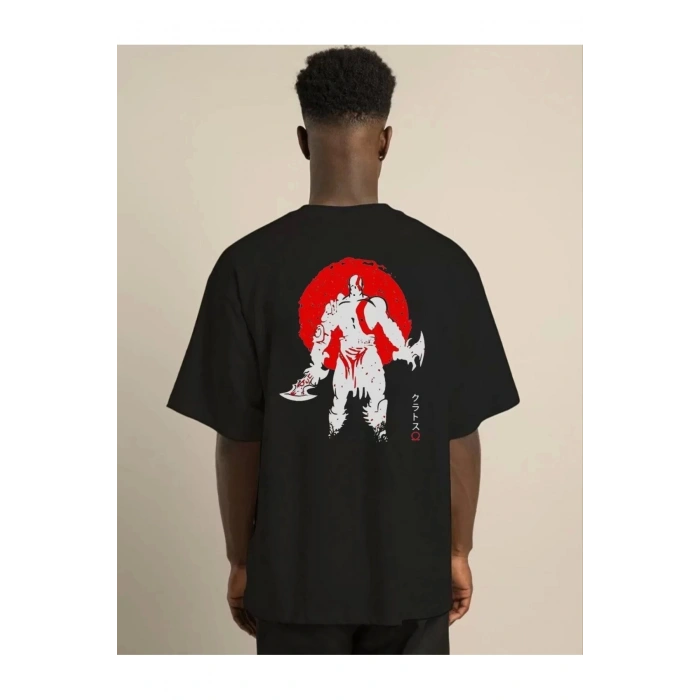 Unisex Bisiklet Yaka Baskılı Oversize T-Shirt - Siyah