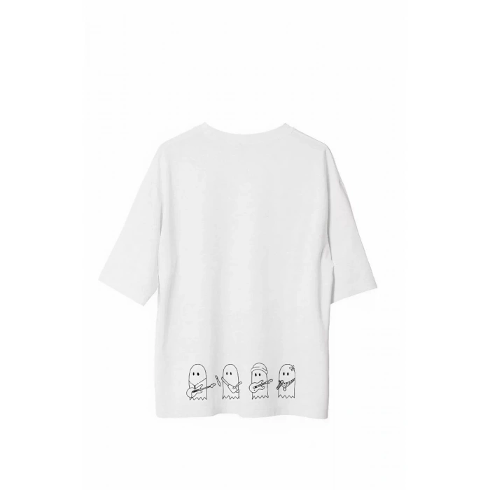Unisex Bisiklet Yaka Baskılı Oversize T-Shirt - Beyaz