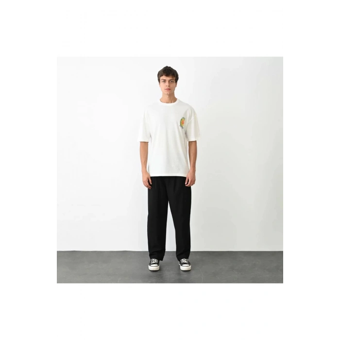 Unisex Bisiklet Yaka Baskılı Oversize T-Shirt - Beyaz