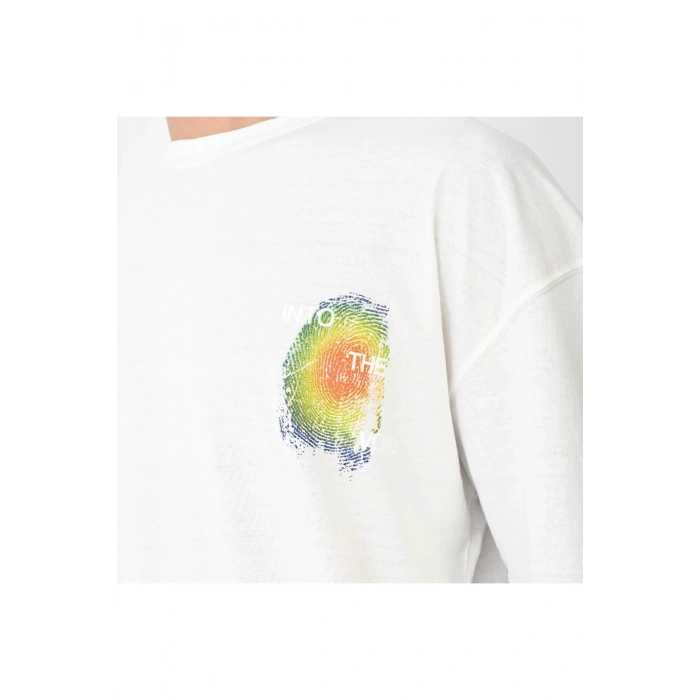 Unisex Bisiklet Yaka Baskılı Oversize T-Shirt - Beyaz