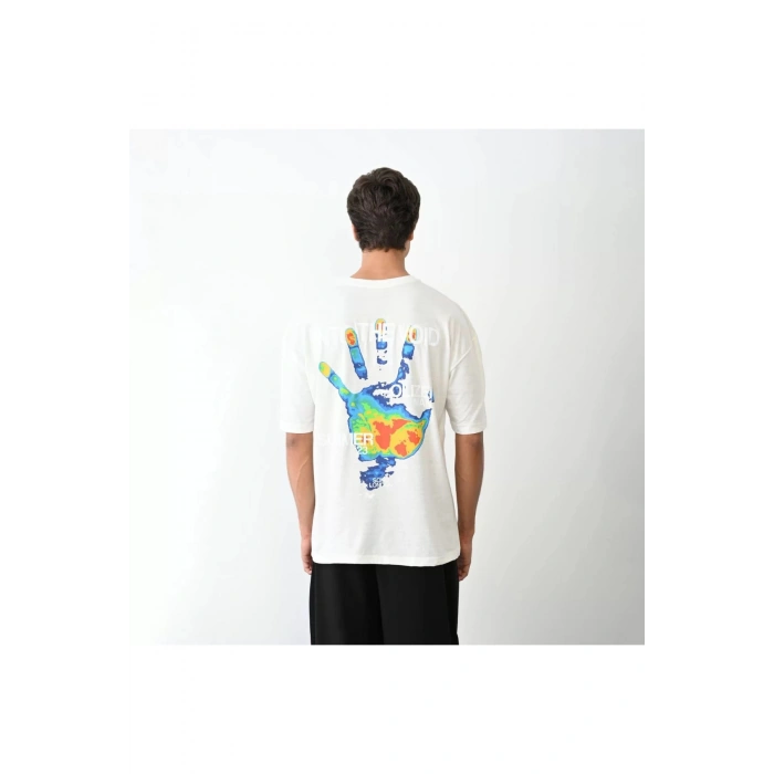 Unisex Bisiklet Yaka Baskılı Oversize T-Shirt - Beyaz