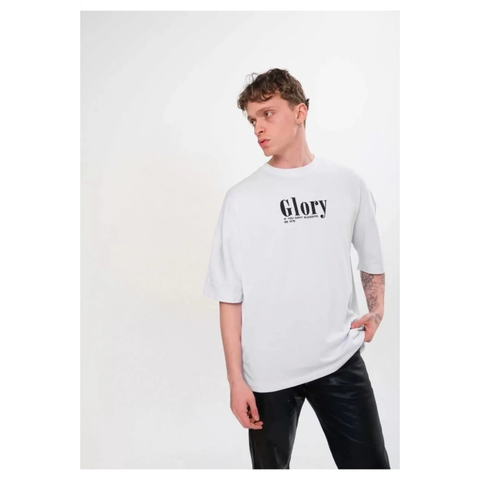 Unisex Bisiklet Yaka Baskılı Oversize T-Shirt - Siyah