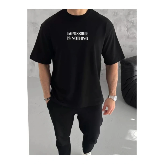 Leyaa Unisex Bisiklet Yaka Baskılı Oversize T-Shirt - Siyah