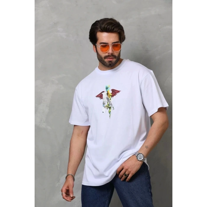 Unisex Bisiklet Yaka Baskılı Oversize T-Shirt - Beyaz