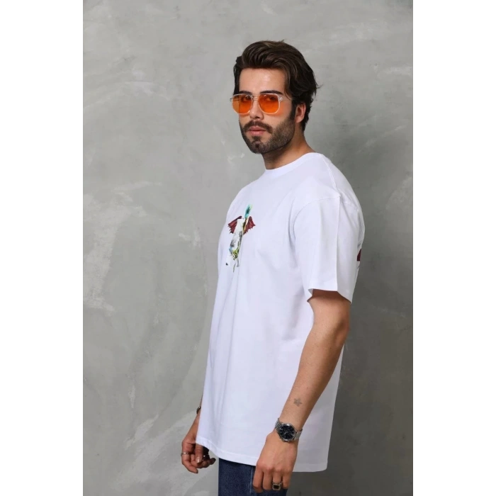 Unisex Bisiklet Yaka Baskılı Oversize T-Shirt - Beyaz