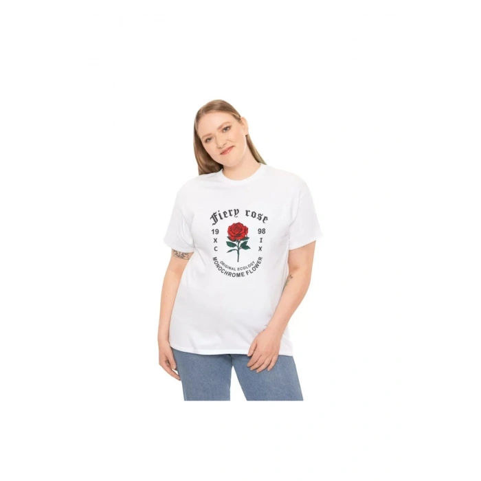 Unisex Bisiklet Yaka Baskılı T-Shirt - Beyaz