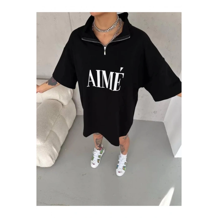 Unisex Yarım Fermuarlı Baskılı T-Shirt - Siyah