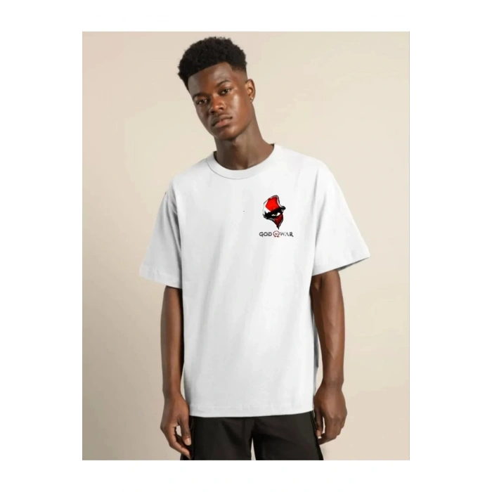 Unisex Bisiklet Yaka Baskılı Oversize T-Shirt - Beyaz