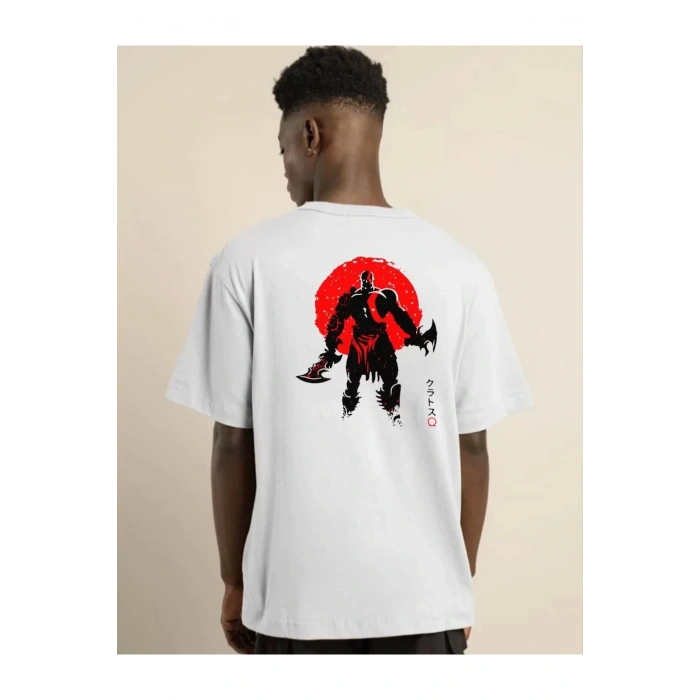 Unisex Bisiklet Yaka Baskılı Oversize T-Shirt - Beyaz