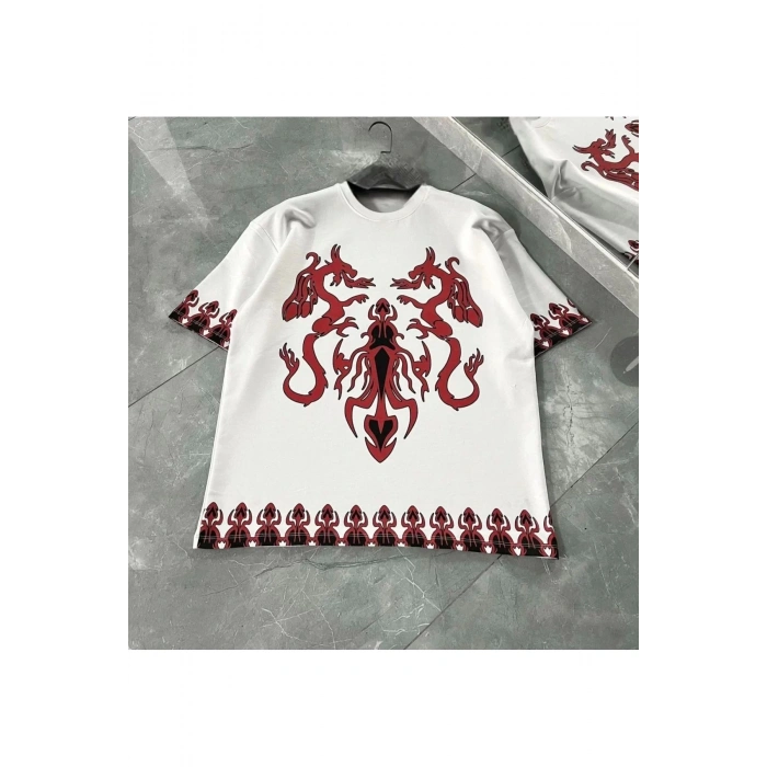 Unisex Bisiklet Yaka Baskılı Oversize T-Shirt - Beyaz