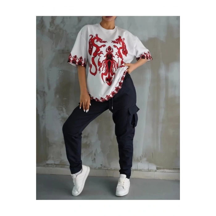 Unisex Bisiklet Yaka Baskılı Oversize T-Shirt - Beyaz