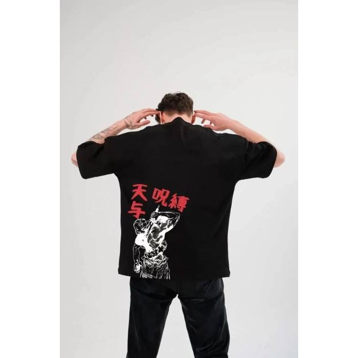 Unisex Bisiklet Yaka Baskılı Oversize T-Shirt - Siyah