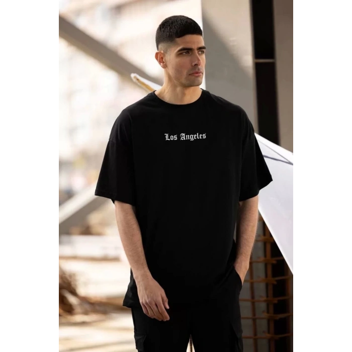Unisex Bisiklet Yaka Baskılı Oversize T-Shirt - Siyah
